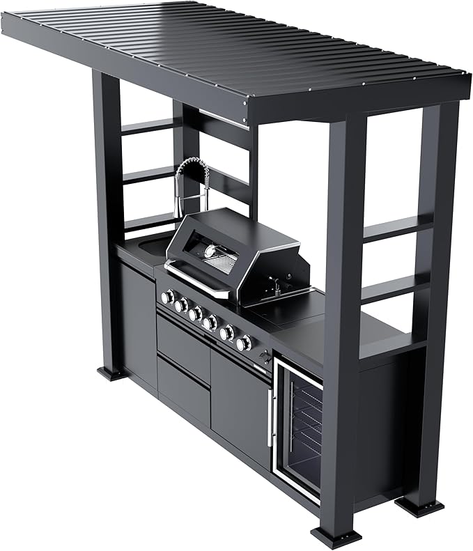 97-Inch 4-Burner 72000 BTU Stainless Steel Propane Gas Grill Outdoor Kitchen Island with Canopy,648Sq.In Cooking Area,Wine Cooler,Refrigerator,Rotisserie,for Backyard BBQ,Black