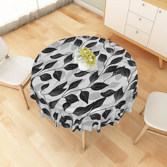 Black and White Leaves Round Tablecloth 60 Inch Floral Plants Farmhouse Table Cloth Kitchen Table Decorations for Home Dinner Party Waterproof Polyester Washable Circle Tables Cover Oilproof