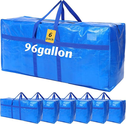 6 Pcs 96 Gallon Extra Large Moving Bags Heavy Duty Storage Bag with Strong Zipper Handle Foldable XXL Jumbo Storage Tote Packing Moving Box for College Dorm Travel Cloth Duffle (Blue)