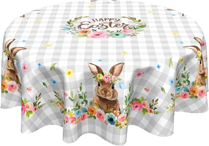 Sweetshow Happy Easter Wreath Table Cloth Round Colorful Flowers Grey White Buffalo Plaid Rabbit Tablecloth 70 Inch Decor Washable Stain and Wrinkle Spring Floral Round Table Cover for Dining Picnic