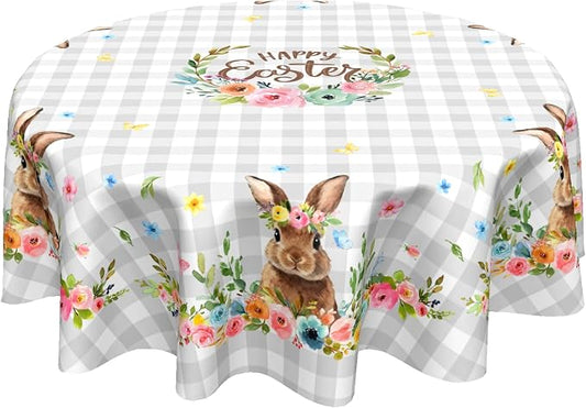 Sweetshow Happy Easter Wreath Table Cloth Round Colorful Flowers Grey White Buffalo Plaid Rabbit Tablecloth 70 Inch Decor Washable Stain and Wrinkle Spring Floral Round Table Cover for Dining Picnic
