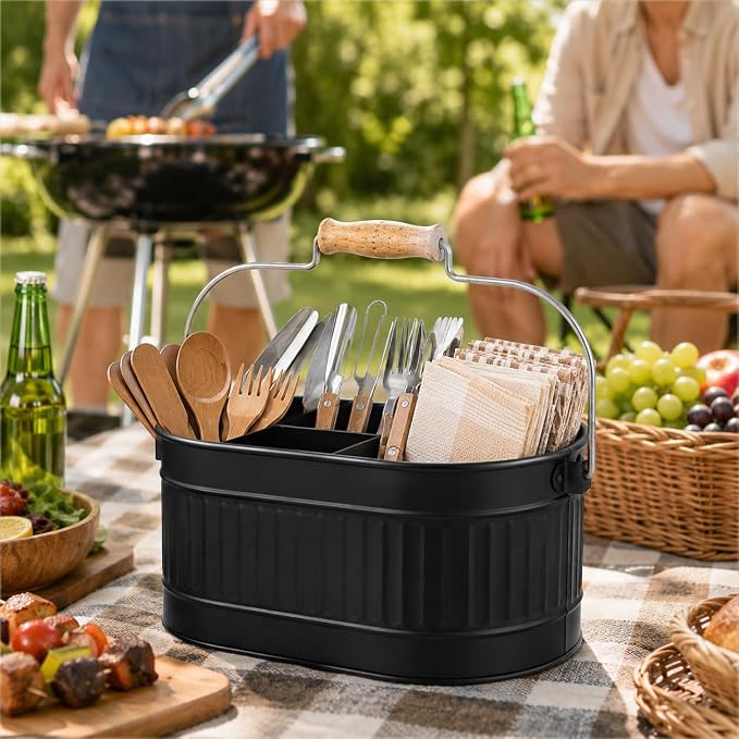 Alpha Living Home 4-Compartment Metal Flatware Caddy with Wooden Handle - Rustic Silverware & Utensil Organizer for Kitchen Counter, Dining Table, Picnic & Party Use