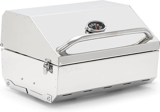 Camco Kuuma Stow N’Go 216 Elite Propane Grill | Features Built-In Thermometer & Push-Button Igniter | Includes Fold Away Legs & Removable Warming Rack | Use as Camping Stove and More (58155)