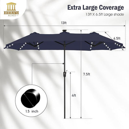 HERA'S PALACE 13 ft Patio Umbrella with 120 LED Solar Lights Double Sided Outdoor Umbrella for Patio 8 Colors Changing Table Umbrella for Garden Pool, Navy Blue