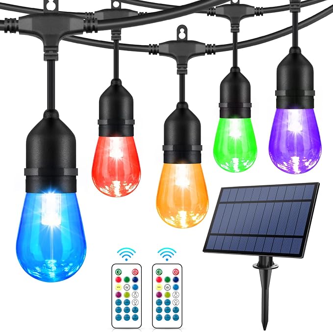 48FT Solar Outdoor RGB String Lights Waterproof Shatterproof | 15+3 Dimmable LED Bulbs with Remote Commercial Patio Light for Cafe, Yard, Party