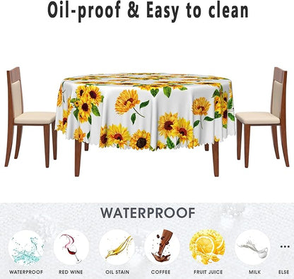 Sunflowers Table Cloth for Circle Tables 70 Inch Sun Flowers Table Cloth Perfect for Spring Home Decor Yellow Flower Waterproof Polyester Round Tablecloth for BBQ Camping Picnic Decor