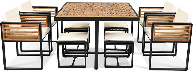 Merax 9-Piece Patio Dining Set for 8 People, Acacia Wood Outdoor Furniture Sets with 1 Square Table, 4 Cushioned Chairs and 4 Ottomans for Backyard, Garden, Lawn, Poolside, Space Saving Design, Beige