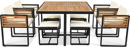Merax 9-Piece Patio Dining Set for 8 People, Acacia Wood Outdoor Furniture Sets with 1 Square Table, 4 Cushioned Chairs and 4 Ottomans for Backyard, Garden, Lawn, Poolside, Space Saving Design, Beige