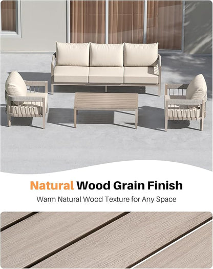 4-Piece Patio Furniture Set, Never-Rust Aluminum Patio Conversation Set, Outdoor Sofa Set with Faux Wood Grain Finish, Rope Weave Patio Sofa Set with Coffee Table for Backyard, Poolside, Deck