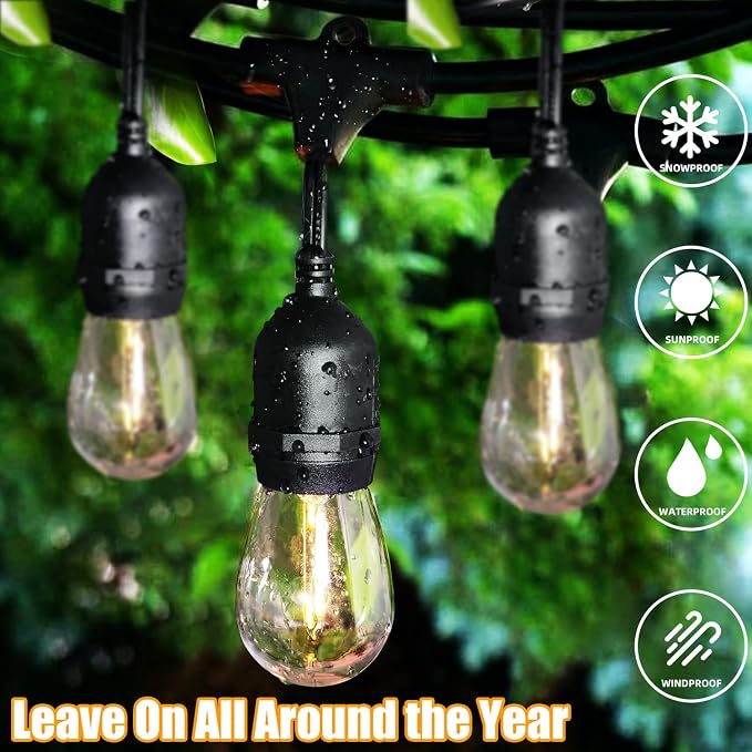 Lakumu Outdoor String Lights 96FT(48×2), Commercial Grade Heavy Duty Patio Lights with Dimmable S14 Shatterproof LED Bulbs, Linkable Waterproof Bistro Lights for Outside Deck Backyard Cafe Market