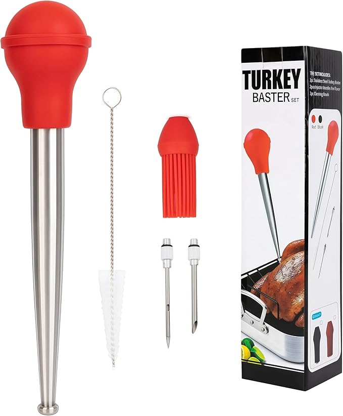 Upgraded Large Turkey Baster with Silicone Brush, Stainless Steel Heavy Duty Baster Syringe for Meat Cooking with Cleaning Brush & 2 Detachable Needles (Red)