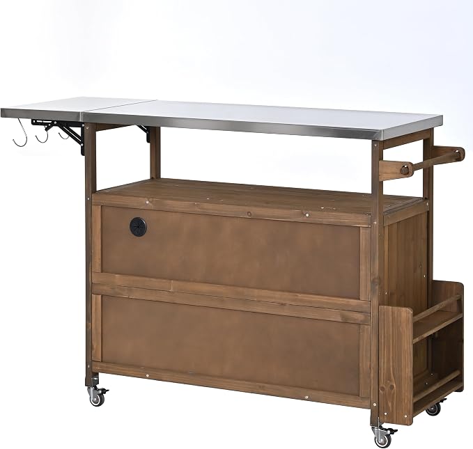 Christopher Knight Home Edsel Outdoor Bar Cart with Stainless Steel Top and Lockable Wheels, Solid Wood Outdoor Storage Cabinet, Kitchen Island Serving Cart for Poolside, Garden, Natural Brown+Silver