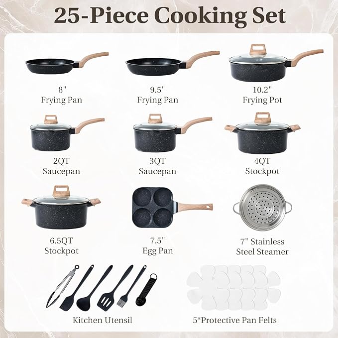 NEWBULIG 25-Piece Nonstick Cookware Set, Granite Pots and Pans with Lids, Induction Compatible Nonstick Cooking Set with Frying Pans & Saucepans, Black