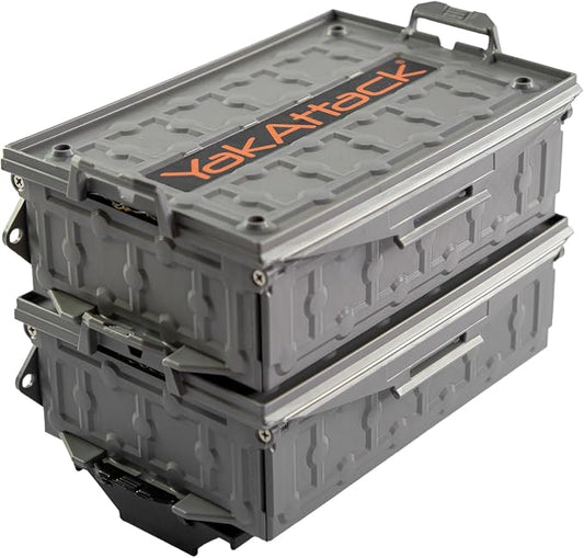 YakAttack TracPak Combo Kit – Battleship Grey | 2 Stackable Storage Boxes + Quick Release Track Base | Fits MightyMount, GearTrac & Kayak Tracks | Space-Saving Fishing Storage | Compact Kayaking Box