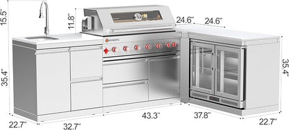 SERA C 6-Burner Propane L-Shape Outdoor Kitchen with 115L Fridge | 87,900 BTU + infrared, storage drawers, 90° corner creates L-shape, 304 SS, soft-close, locking casters, patio organizing