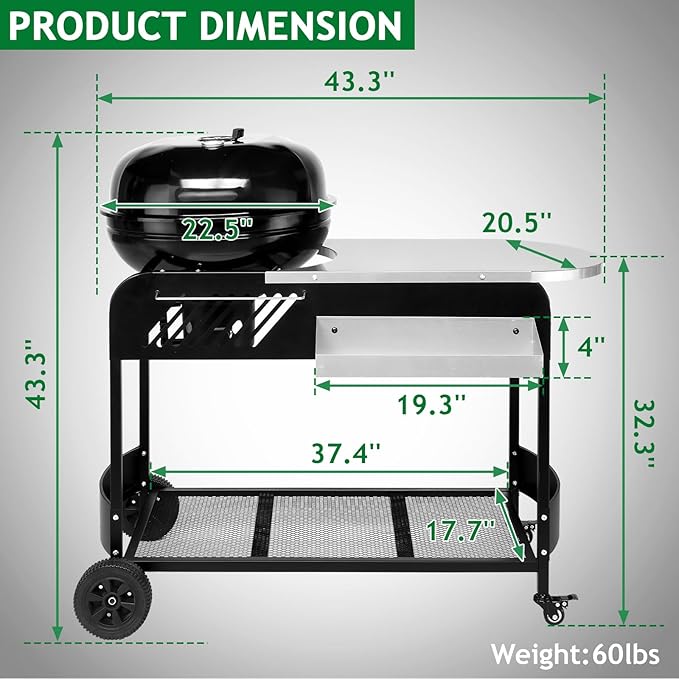 43" Portable Charcoal Grill with Cart 21" BBQ Grill with Porcelain-Enameled Lid, Slide-Out Ash Catcher and Thermometer for Backyard Camping Picnic and Tailgating Garden Party Easy-to-Clean