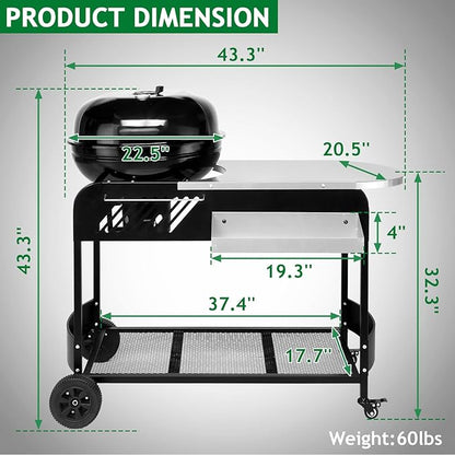 43" Portable Charcoal Grill with Cart 21" BBQ Grill with Porcelain-Enameled Lid, Slide-Out Ash Catcher and Thermometer for Backyard Camping Picnic and Tailgating Garden Party Easy-to-Clean