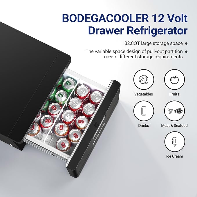 BODEGACOOLER 12 Volt Drawer Refrigerator, 33Quart(31L) RV Fridge Freezer | Portable Refrigerator (-4℉-68℉) with APP Control, 12/24V DC, for Travel ,Camping, Road Trips Tailgating, Truck, Van, SUV