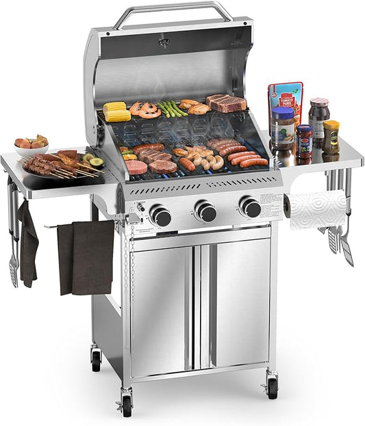 R.W.FLAME 3 Burner Propane Gas Grill, 24,000 BTU Stainless Steel BBQ Grill with Foldable Shelves, Outdoor Grill for Backyard, Patio, and Camping