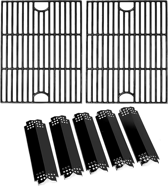 Uniflasy Grill Replacement Parts for Nexgrill 4 Burner 720-0830H, 5 Burner 720-0888N, 720-0888 Gas Grill Models, Porcelain Steel Heat Plate Flame Tamer, Cast Iron Grill Grates, 17inch