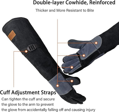 WZQH 23.6 In Leather Welding Gloves for Animal Handling,Grabbing Reptile, Grooming,Trips to Vet,BBQ,Fireplace.Puncture & Scratch Resistant, Bite Proof for Cat Dog Bird Falcon Livestock Snake XL Black