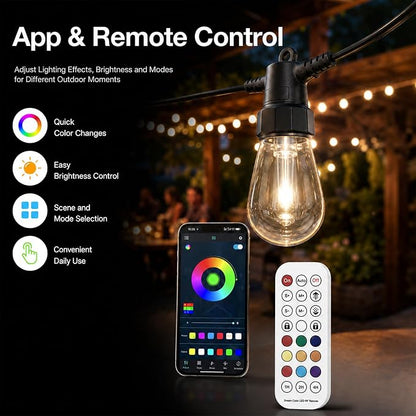 Outdoor String Lights 27FT, RGBW Patio Lights with App & Remote Control | 10 ST14 bulbs, RGBW color modes, app control, remote control, music mode, timer, patio decor