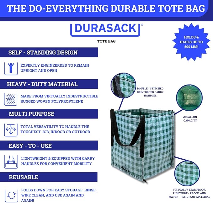 DURASACK Heavy Duty Storage Tote Bag 22-Gallon, Gingham Green | Rugged Woven Polypropylene Moving Bag, Reusable Self-Standing Design, Holds up to 500 Pounds