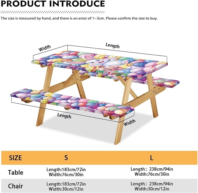 Easter Bunny Eggs Picnic Table Cover for Outdoor Camping Easter Bunny Eggs Elastic Fitted Table Cloth for Camping Party Supplies 3 PCS Set