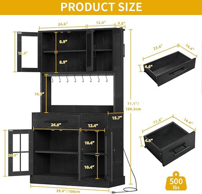 DWVO Kitchen Pantry Storage Cabinet with Microwave Stand, 71'' Tall Kitchen Hutch Cabinets with Power Outlet, Modern Food Pantry Hutch with Drawers ＆ Shelves for Home, Pack of 1, Black | 71" Tall Kitchen Hutch Cabinets with Power Outlet, Modern Food Pa...