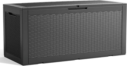 120 Gallon Outdoor Deck Box, Resin Waterproof Storage Box With Lockable Lid, UV-Resistant Multi-Purpose Outdoor Storage Bench for Patio Cushions, Garden Tools, Pool Accessories (120 Gallon, Black)