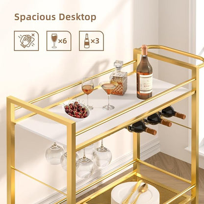Joaxswe Bar Cart w/Wheels,2 Tier Home Bar Serving Cart,Flowing Gold | Rolling Beverage Cart w/ Wine Rack and Glass Holder,Modern Wine Cart w/ Storage Shelves for Kitchen, Living Room,Dinning Room