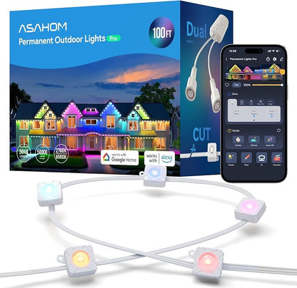 ASAHOM Permanent Outdoor Lights Pro S108B, 100FT with 72 RGBCW LEDs, White | Up to 70lm, WLED Integrated, 30,000 Dynamic Effects, AI Lighting, Dual Output, for Outdoor Holiday Decor and Daily Lighting