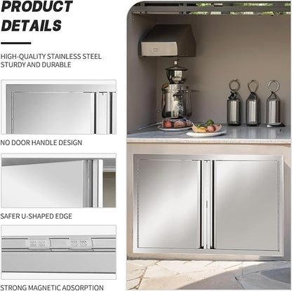 Outdoor Kitchen Doors Stainless Steel,31" W by 24" H Double Access Door, Outdoor Stainless Steel Cabinet Doors, Pin-Hinge Flush Mount Self-Rimming for Outdoor Kitchen and BBQ Island