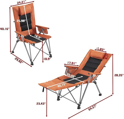 Adjustable Folding Beach Chair, Portable Camping Chair for Adults with Footrest, Reclining Outdoor Chair with Cup Holder & Pocket, Foldable Low Beach Chair for Camping, Picnic, Travel, Orange