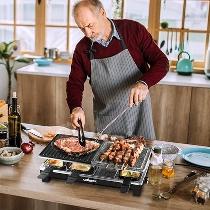 Raclette Table Grill, CUSIMAX Indoor Grill Electric Grill, Portable Korean BBQ Grill with 2 in 1 Reversible Non-stick Plate & Natural Grill Stone, 8 Raclette Pans 8 Wooden Spatulas for Family Fun