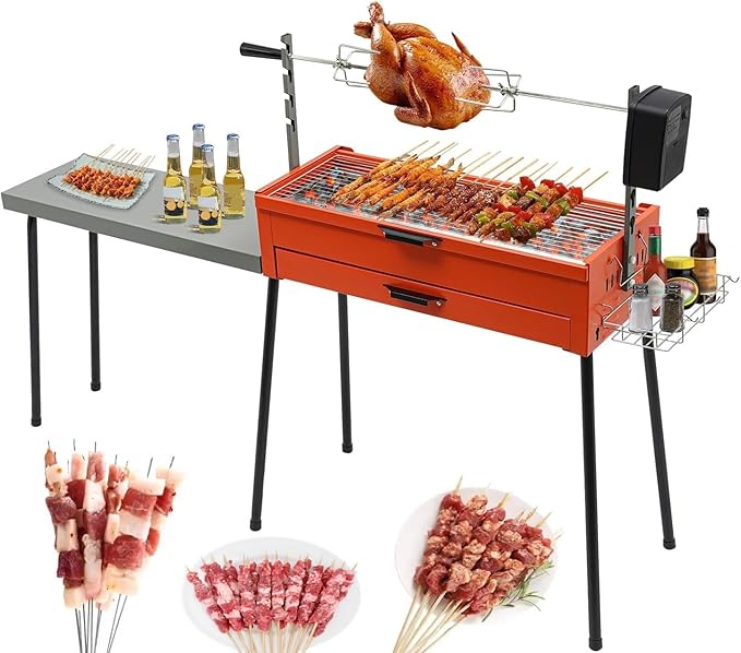 Portable Charcoal BBQ Kit, Camping Grill with Detachable Table, Net and Storage Basket, Height Adjustable Chicken Griddle(4 Levels), Battery Powered Barbecue Stove for Outdoor Picnics, Patio and Party