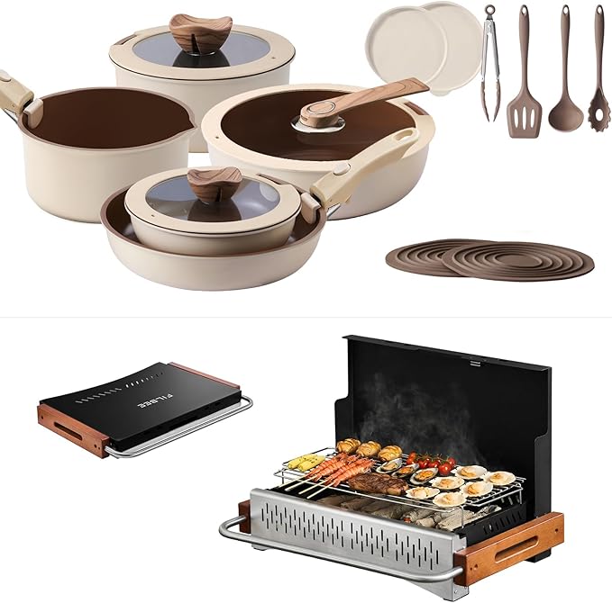 Portable Charcoal Grill and Pots & Pans Cookware Bundle - Compact Outdoor Cooking Set for Camping, Picnics, and Tailgating
