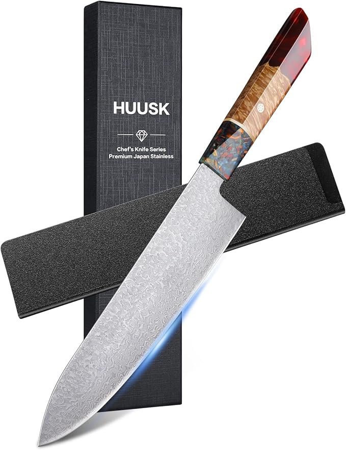 Huusk Damascus Chef Knife with Unique Handle, Razor Sharp 8 Inch Kitchen Knives Includes Sheath, Japanese Cooking Knife
