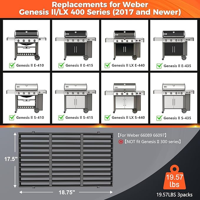QuliMetal 66089 66097 18.7" Grill Grates for Weber Genesis 2 E-410/E-415/E-435, Grill Parts for Genesis II/LX E-440 Series Gas, Upgraded Cast Iron Grill Grates Replacements for Weber Genesis GS4