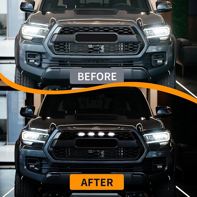 4PCS White Grille Lights LED，Universal Clip-On Car Front,IP66 Smoked Lens,Compatible with Dodge Ram 1500,Jeep Wrangler,Ford F150,Toyota Tacoma