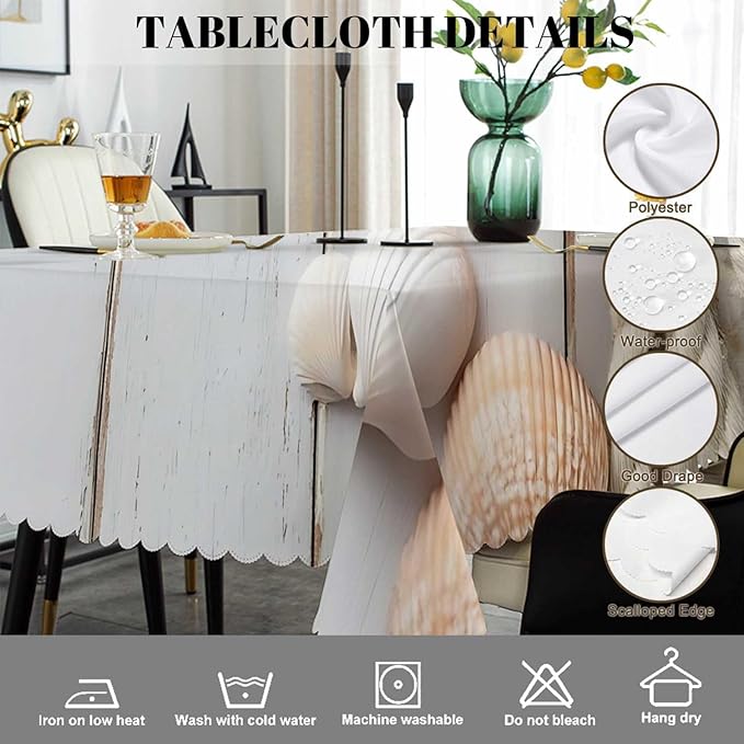 Swono Sea Shells Table Cloth Rustic Wood Seashell Starfish Marine Rope Rectangle Tablecloth Picnic Table Cover BBQ Table Cloth Polyester for Kitchen Home 50x72 Inch