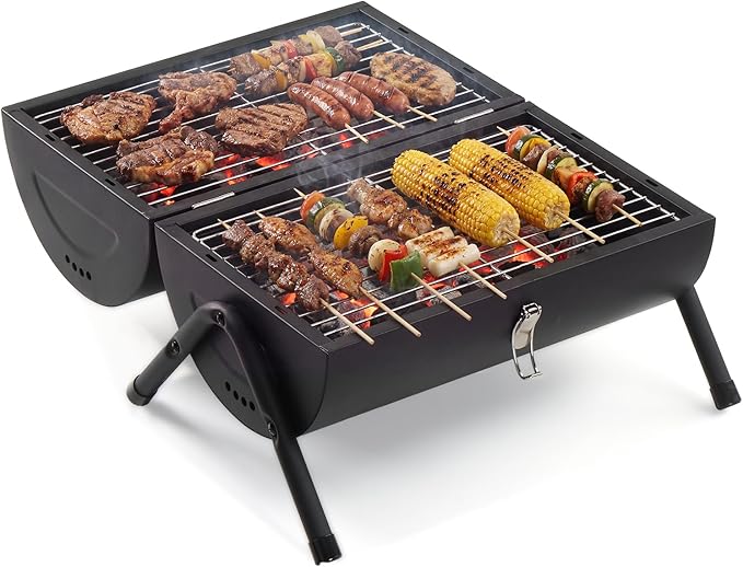 Portable Charcoal Grill, Double-Sided BBQ Smoker with Carry Bag, Tabletop Outdoor Camping Grill, Black, 13.6 x 8.5 in Cooking Area
