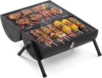 Portable Charcoal Grill, Tabletop BBQ Grill for Camping, Backyard and Picnic, Double-Sided Charcoal Grill with Carry Bag, Compact Outdoor Grill for 4-5 People, Black
