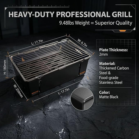 BBQ Charcoal Grill Portable Outdoor Fire Pit Grill Skewer Rack Folding Camping Grill Ideal (Dimensions: 17.7x6.7x5.5 inches) The sheet is 2mm thick and weighs 9.48 pounds