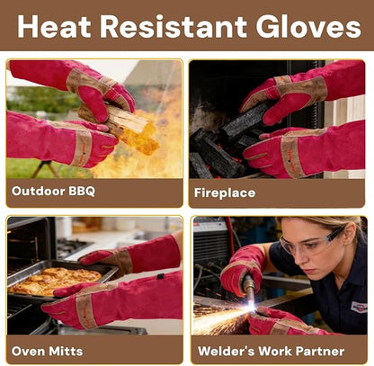 Long Leather Gloves for Women – Pink Heat-Resistant, Durable Work & Gardening Gloves for Pruning, Yard Work, Welding, BBQ, Cooking & Fireplace, Chainsaw, Camping, Woodworking, Outdoor Projects X-Small