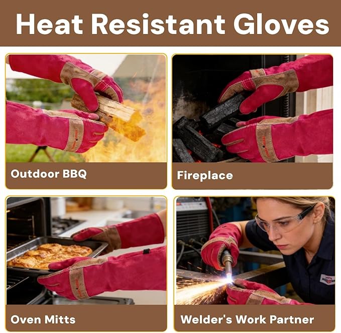 Long Gardening Gloves for Women, Leather Rose Pruning Gloves, Heat Resistant Durable Work Gloves for Yard Work, Welding, BBQ, Cooking, Fireplace and Chainsaw (Pink Medium)