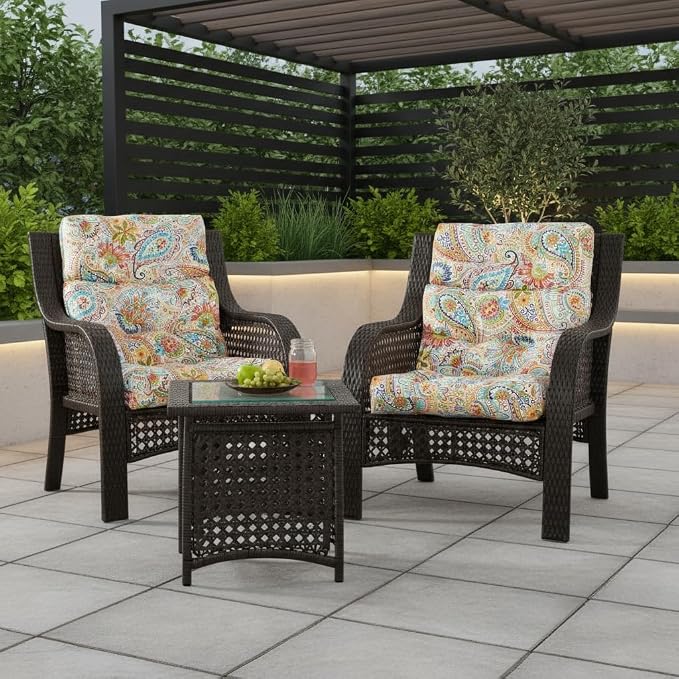 Outdoor Tufted High-Back Chair Cushions, One-Piece Hinged Seat and Back Design, Reversible with 4 Ties, Durable Polyester Fabric, Recycled Fiber Fill - Set of 2, Jamboree Paisley