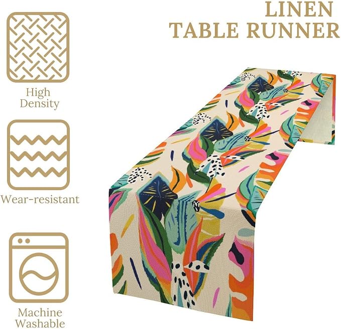 Abstract Tropical Leaves Table Runner Modern Exotic Flower Botanical Jungle Plam Tree Hawaii Plant Summer Seasonal Dinner Runner for Farmhouse Kitchen Dining Holiday Party 13x36in
