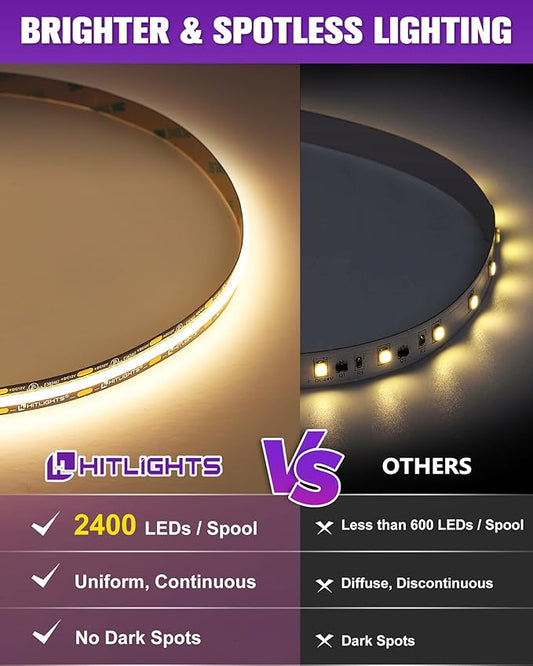HitLights COB LED Strip Lights Kit Warm White with Remote & 12V Power Supply,16.4ft Dimmable Tape Light 3000K, 2400LEDs, 305+Lm/ft, UL Listed, Flexible Rope Lights for Bedroom Kitchen Cabinet Lighting