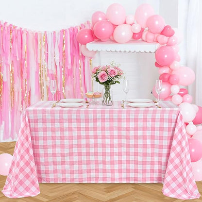 B-COOL Pink Plaid Tablecloth Checkered Fabric Cover 56x120 Inch Table Cloths, Valentines Party Picnic Decorative Gingham Tablecloths, Sturdy Rectangle Pink and White Checkered Cover Decorations